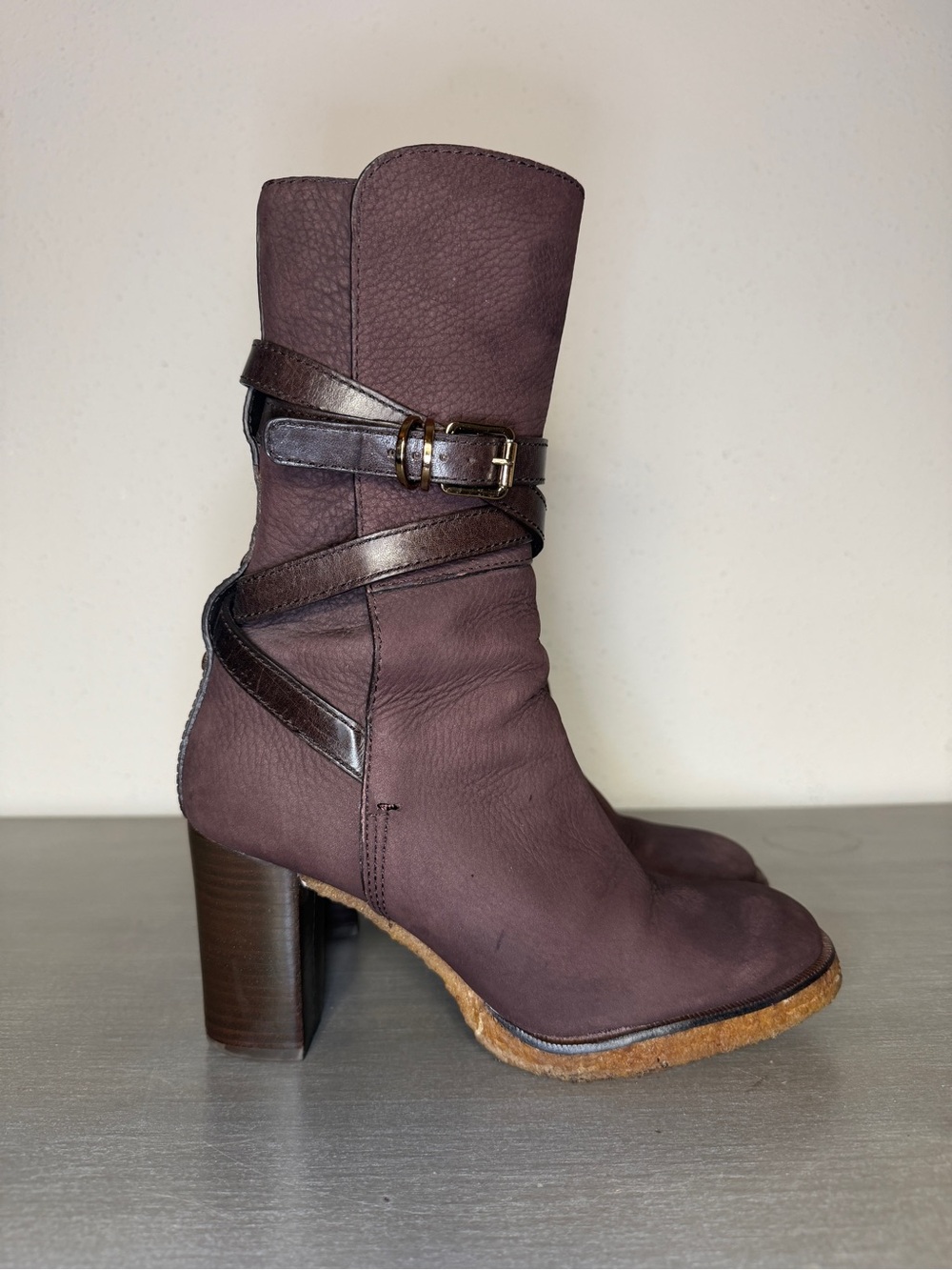 Tory Burch Women's Brown Leather Buckle Strap Mid-Heel Boots Brazil Size 6.5 M